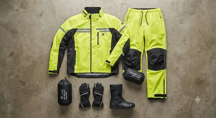 Flat lay of packable rain gear for motorcycle touring including a waterproof jacket and pants.