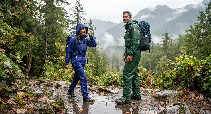 Comparison of a rain jacket and pants set versus a one-piece rain suit for Canadian outdoor weather. rain jacket and pants set vs one-piece rain suit