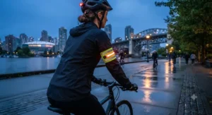 A rechargeable hi-vis reflective armband for night cycling worn by an urban commuter in Vancouver.