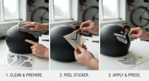 Step-by-step visual guide showing how to apply reflective helmet stickers onto a smooth helmet surface.