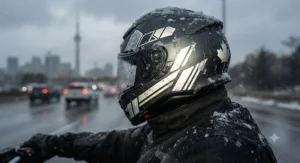 Illustration demonstrating how reflective helmet stickers shine brightly when hit by vehicle headlights during evening commutes.