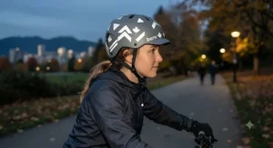 An assortment of reflective helmet stickers laid out alongside safety gear for urban bicycle and motorcycle commuters.