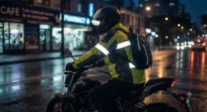Illustration highlighting the reflective strips on a hi-vis rain jacket for safe nighttime motorcycle commuting.