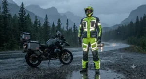 Reflective high-vis motorcycle rain gear keeping tall riders safe during heavy downpours in Canada.