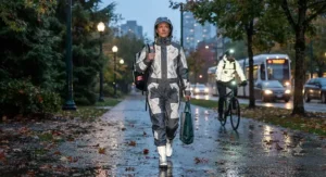 Reflective waterproof rain gear ensuring high visibility for evening walks and cycling in low light.