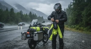 Motorcyclist pulling out lightweight packable rain gear by the highway during a sudden downpour.
