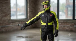 Motorcycle rain jacket featuring extra-long sleeves and adjustable cuffs for tall riders.