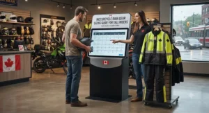 Sizing chart and fitting guide for tall motorcycle riders shopping for rain gear in Canada.