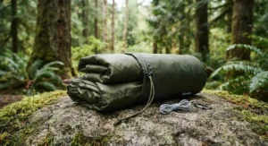 Compact packable rain suit folded neatly inside its own travel pouch, ready for camping trips.