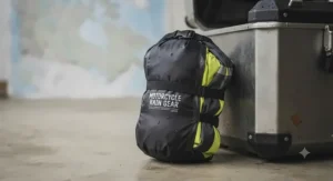 Waterproof compression sack holding packable motorcycle rain gear for easy travel.