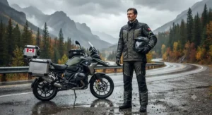 Insulated waterproof motorcycle rain jacket and pants for cold and wet Canadian autumn rides.