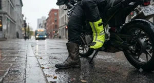 Waterproof motorcycle boots and over-boots keeping feet dry on a rainy morning commute in Montreal.