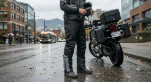 Durable waterproof motorcycle rain pants worn over commuting work clothes on a wet autumn morning.