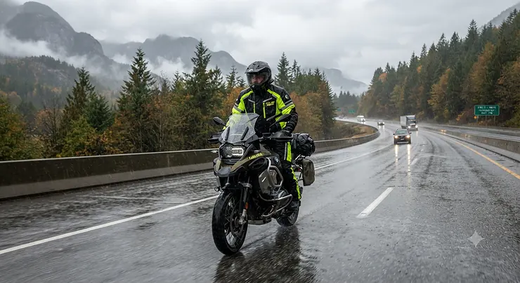A motorcyclist wearing a durable waterproof rain jacket and pants set riding on a wet Canadian highway during an autumn rainstorm.