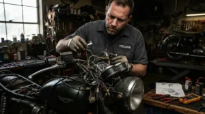 Checking electrical connections and heated grips for motorcycles in a Vancouver garage on a rainy day.