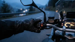 A rider testing heated grips for motorcycles during a chilly autumn ride through the Rocky Mountains.