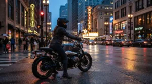 Navigating urban traffic while deciding on a heated vest vs heated jacket liner for motorcycle riding.