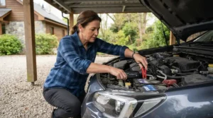 Using a battery maintainer alongside a motorcycle cover for outdoor winter storage in a backyard carport.