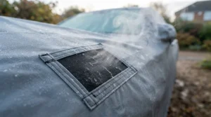 Close-up of a breathable motorcycle cover for outdoor winter storage showcasing ventilation flaps to prevent condensation and mould.