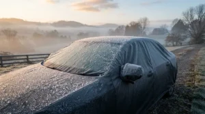 Frost forming on a motorcycle cover for outdoor winter storage during a freezing Canadian prairie morning.