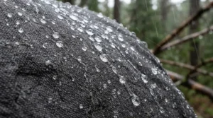 Water-resistant material on a motorcycle cover for outdoor winter storage shedding freezing rain and sleet.