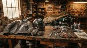 Preparing gear for the season with a textile vs leather motorcycle jacket for spring riding in a home garage.