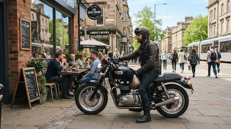 A rider wearing perforated full-grain leather while assessing a textile vs leather motorcycle jacket for spring riding.