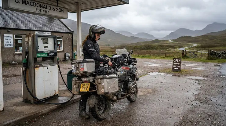 A female traveler checking her GPS map at a rural Canadian gas station while wearing a women's motorcycle rain suit.