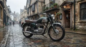 A rider parking her cruiser in Old Montreal during a spring shower, wearing a stylish women's motorcycle rain suit.