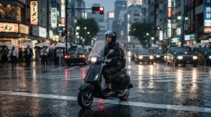 A commuter navigating downtown Toronto traffic in the rain while equipped with a durable women's motorcycle rain suit.